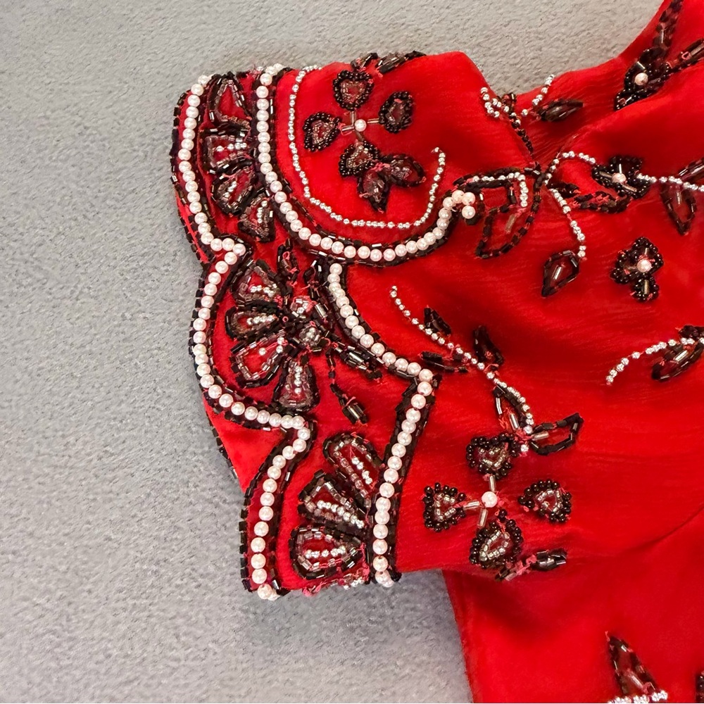 Stenay Vintage Women's Red Silk Black & White Beaded Formal Top- Size XL - Picture 10 of 12